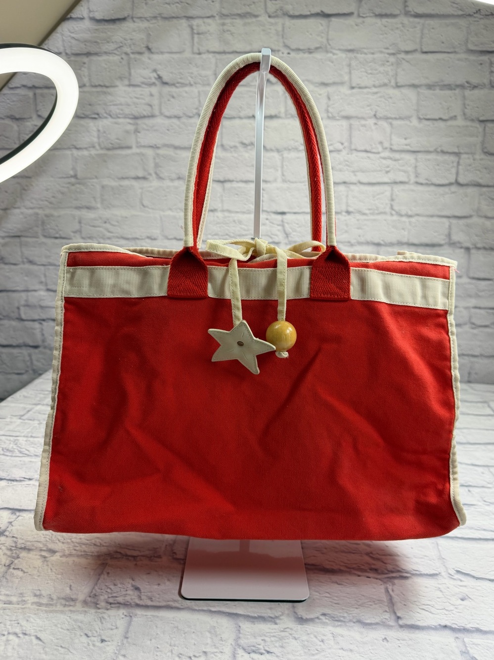 Old Navy Red Canvas Tote with Cream Trim and Star Charm Accent